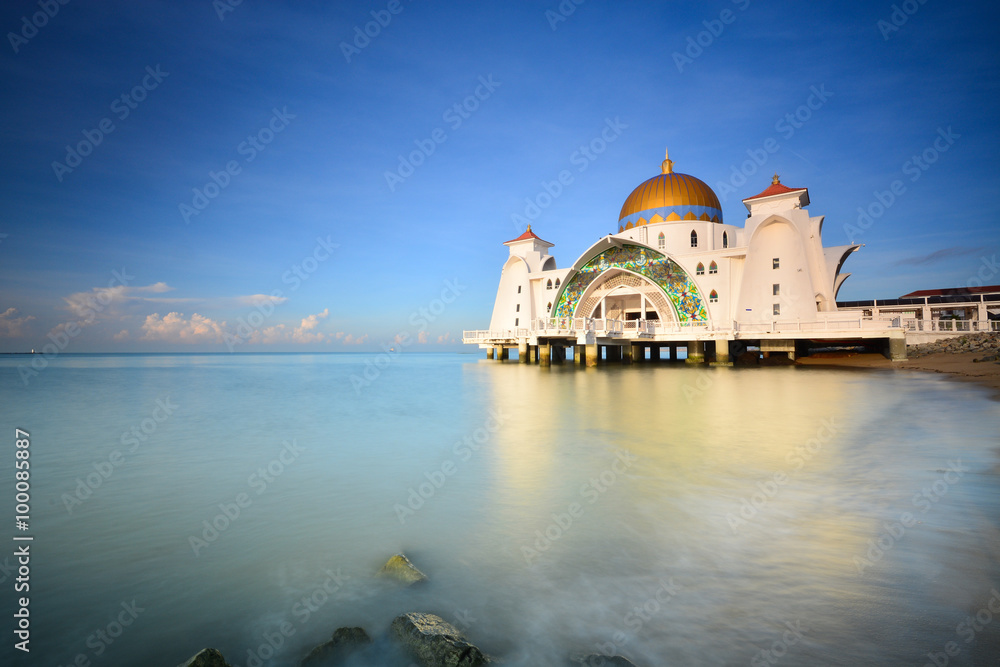 Beautiful clear blue sky over the Malacca straits mosque located at Malacca, Malaysia.