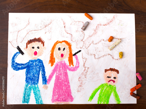 colorful drawing: parents smoking a cigarette and sad child photo