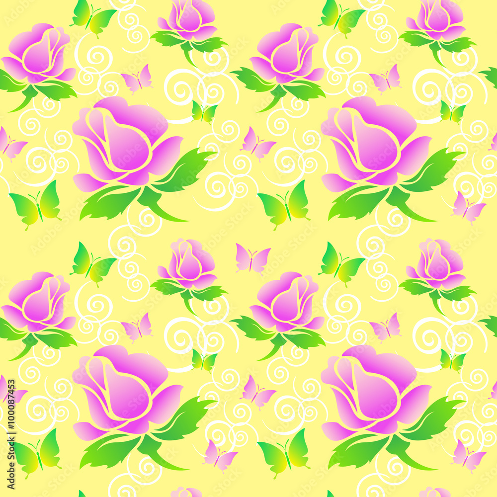 Beautiful seamless floral pattern with butterflies