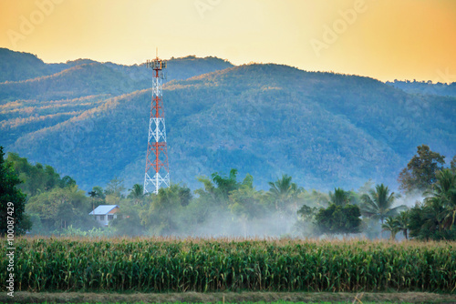 Telecommunication tower on the field