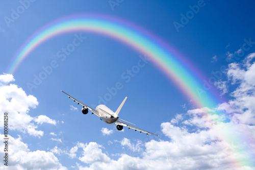 Aeroplane Clouds And Rainbow