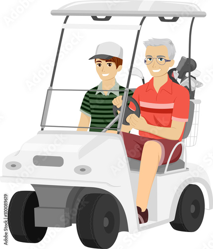 Senior Man Grandson Golf Cart