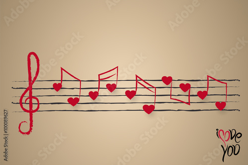 sheet music with heart shaped musical notes