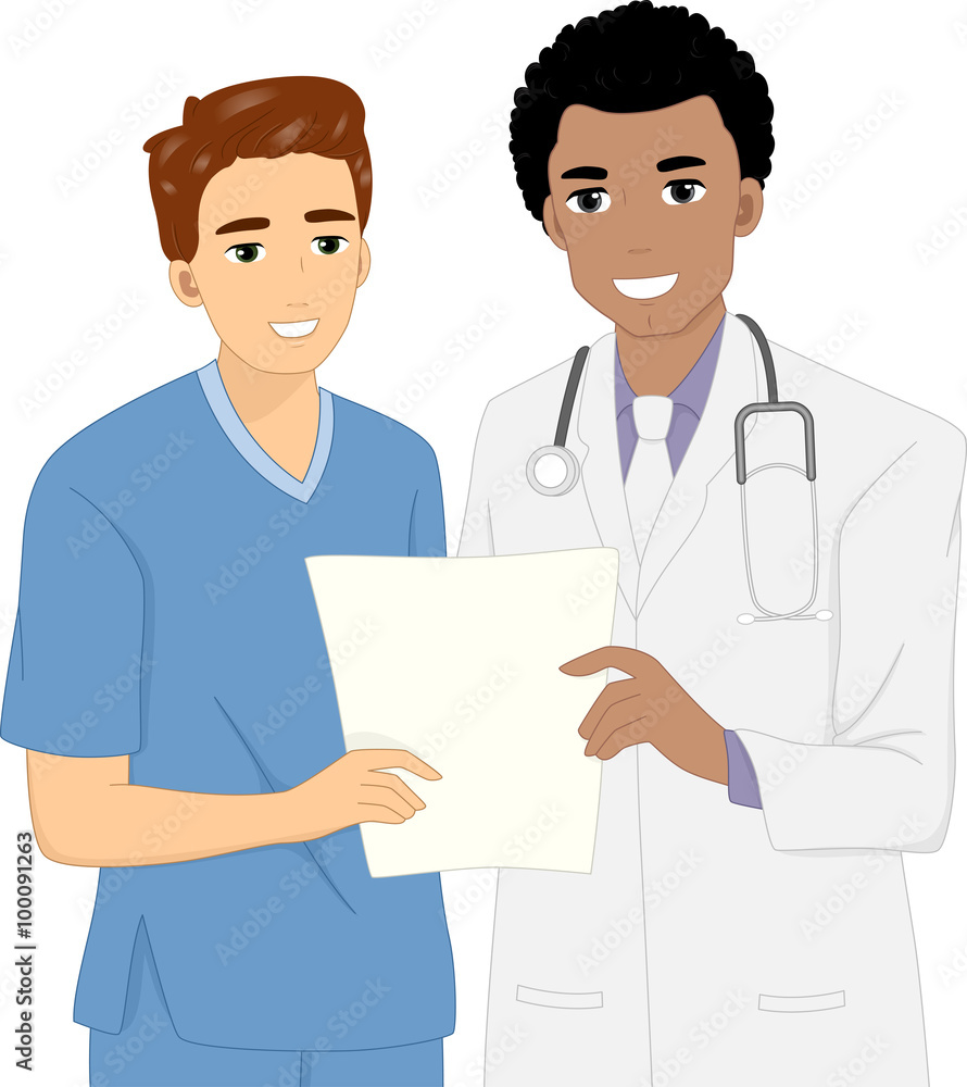 Man Doctor Nurse Discussing Patient Information Man Doctor Nurse Discussing Patient Information