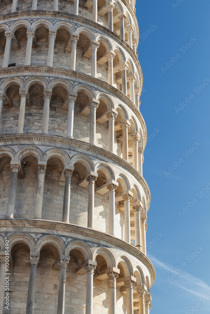 Detail of the Leaning tower of Pisa in Tuscany, Italy.
