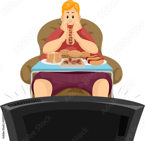 Obese Man Eating Dinner in Front of TV