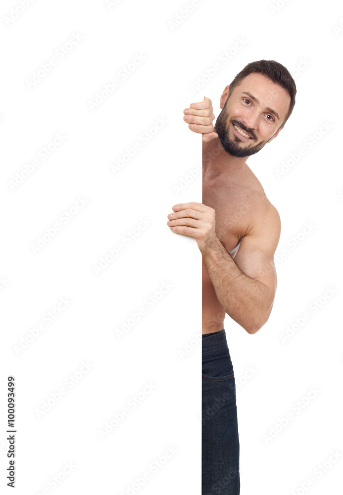 Shirtless man with blank sign Shirtless man with blank sign