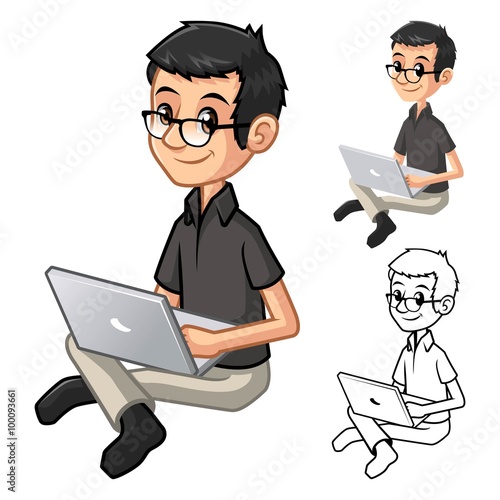 Geek Man with Glasses Playing Typing Notebook Cartoon Character Include Flat Design and Line Art Version Vector Illustration