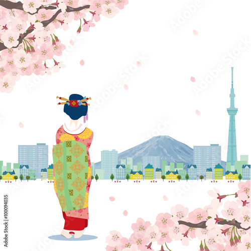 日本　イラスト　桜　スカイツリー