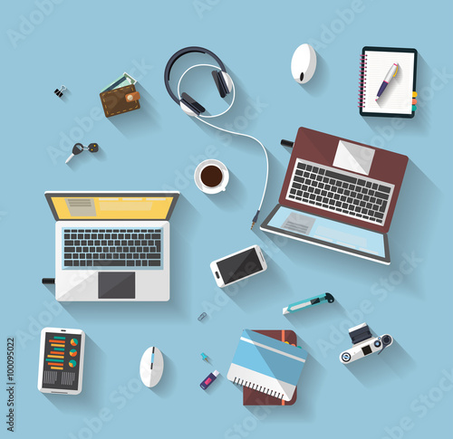 Flat design - place of work - Top view of desk that have two laptop and many others objects (documents,smart-phone, tablet,..). the image represent a place of work, business concept. , bright idas. 