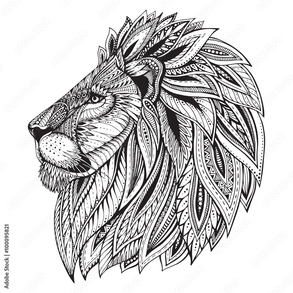 Fototapeta premium Ethnic patterned ornate hand drawn head of Lion.