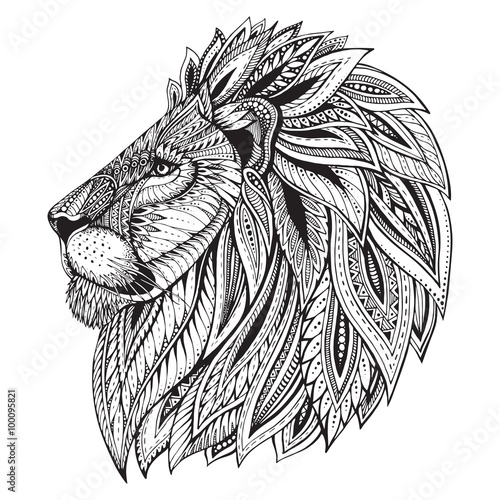 Ethnic patterned ornate hand drawn head of Lion.