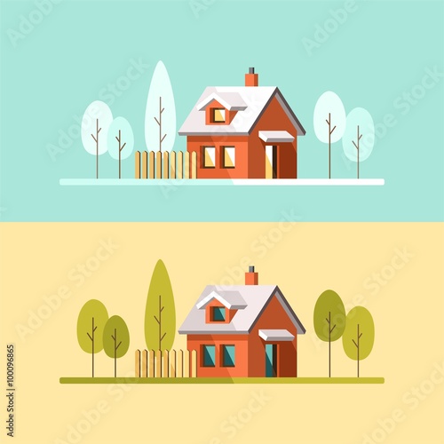 Winter house. Summer house. Family suburban home. Vector flat illustration.