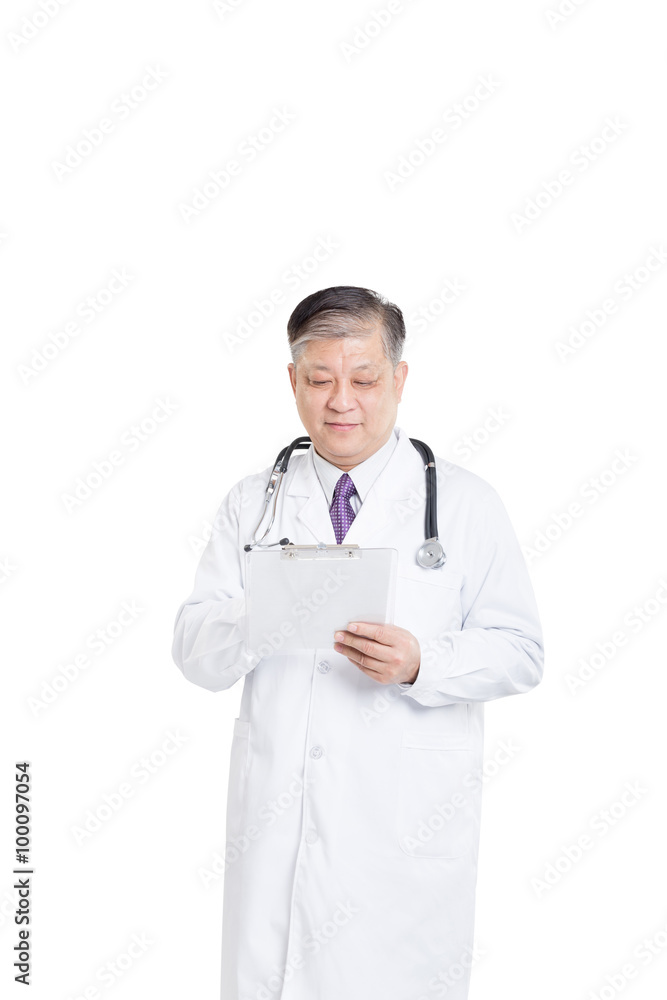 Fototapeta premium old asian man doctor writing on clipboad