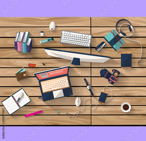Flat design - place of work - Top view of desk of wood that have laptop and desktop and many others objects (documents,smart-phone, tablet,..). the image represent a place of work and business concept