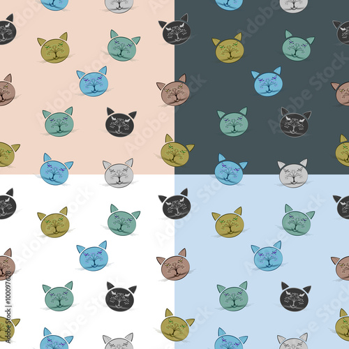 Seamless cat pattern with muzzle composed of tree and bird eleme