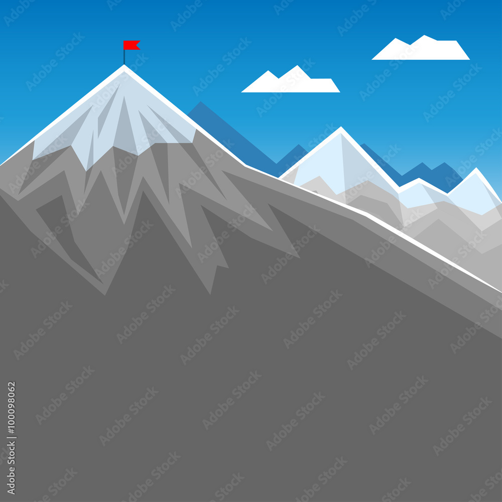 Flag on mountain peak, success or business concept illustration.