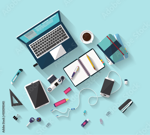 Flat design - place of work - Top view of desk that have one laptop and many others objects (documents,smart-phone, tablet, ruler, headphone, watch...). the image represent a place of work.