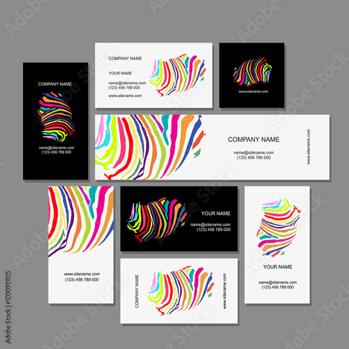 Set of business cards, colorful zebra print design