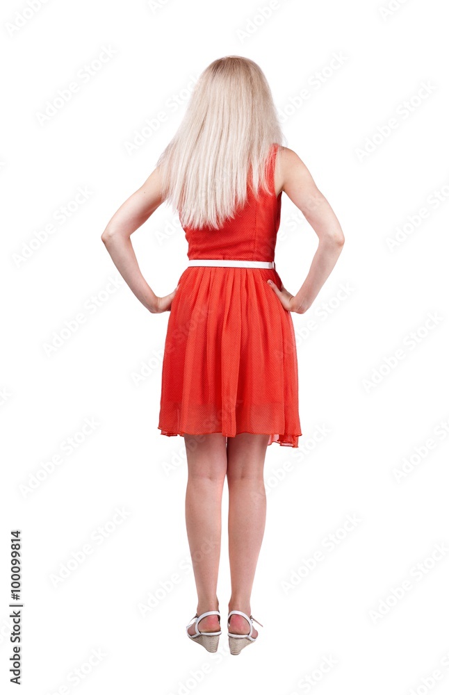 Naklejka premium back view of standing young beautiful woman.