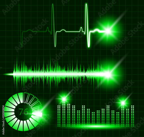 Green vector digital Equalizer, sound wave, pulse, graph, volume, loading set. Audio technology display, music neon line monitor on black background.