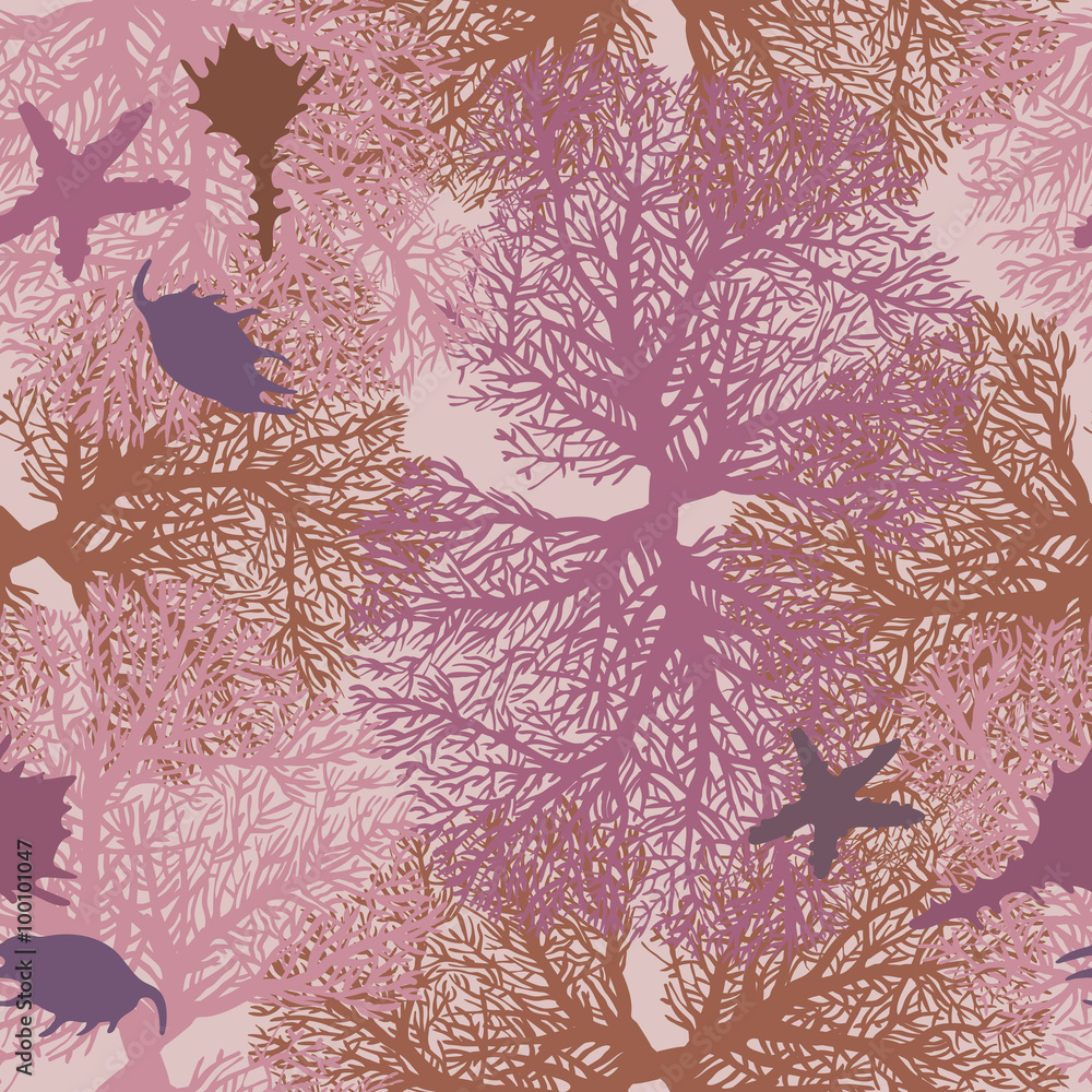 Obraz premium Underwater seamless pattern with coral and seashells.