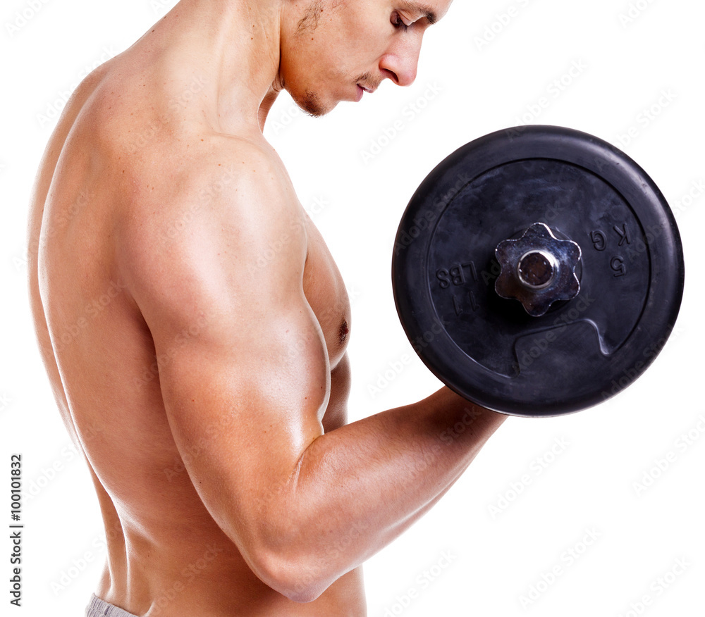 Fitness man lifting weights on white background Fitness man lifting weights on white background
