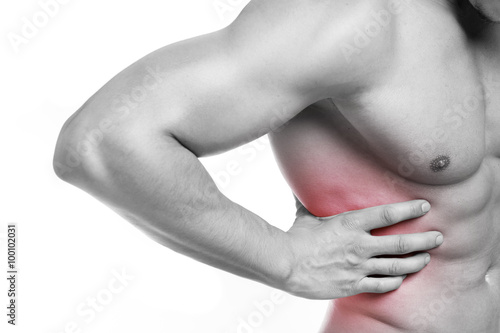 Man holding his back in pain, isolated on white background
