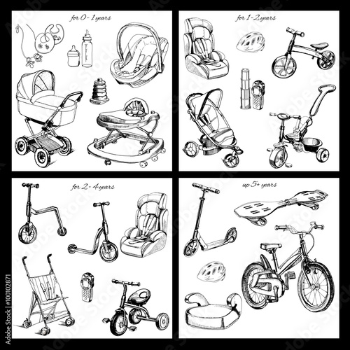 set of hand drawn baby transport