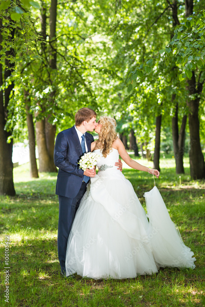 Bride and groom having a romantic moment on their wedding day