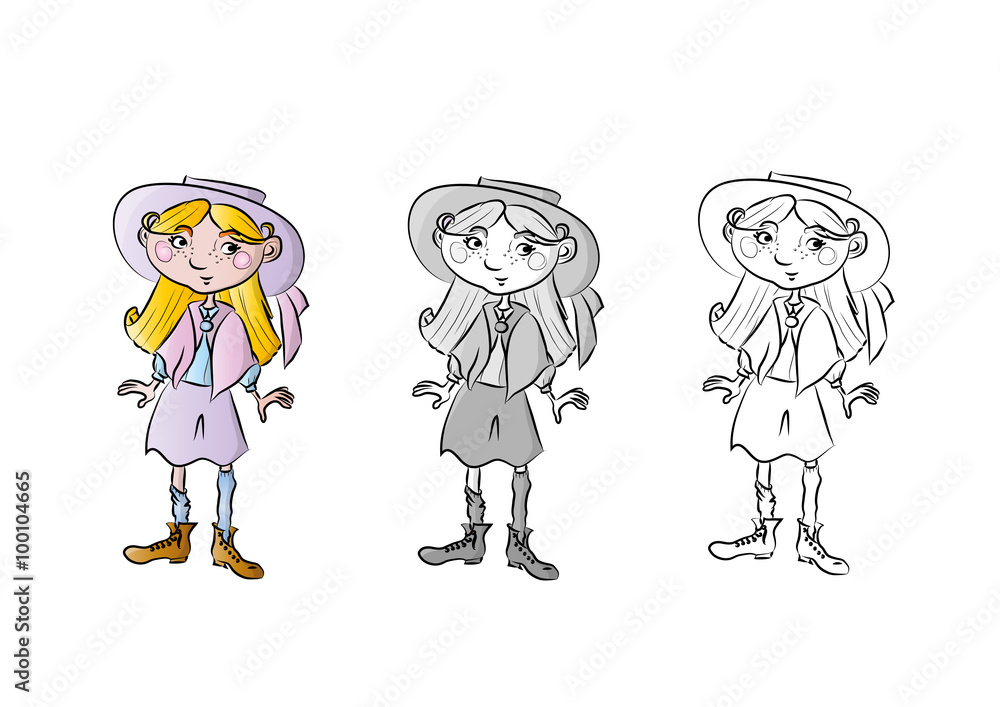 Bambina in piedi colori pastello e scala di grigio o outline Bambina in piedi colori pastello e scala di grigio o outline