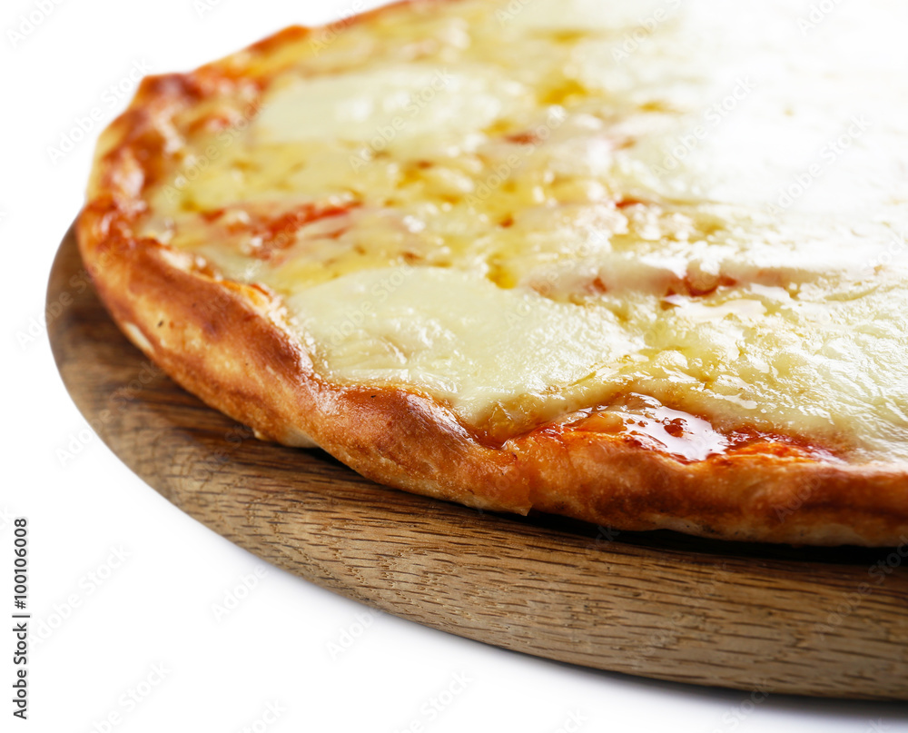 Pizza full of cheese on wooden board isolated on white background, close up