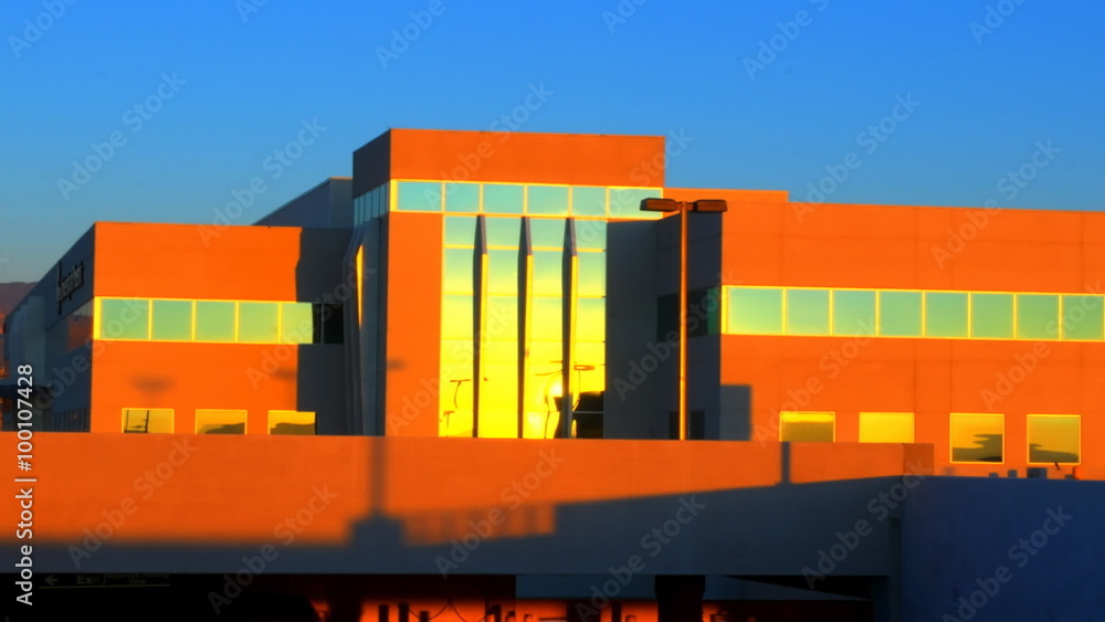 Panning shot of hospital in Las Vegas with lens flare Panning shot of hospital in Las Vegas with lens flare