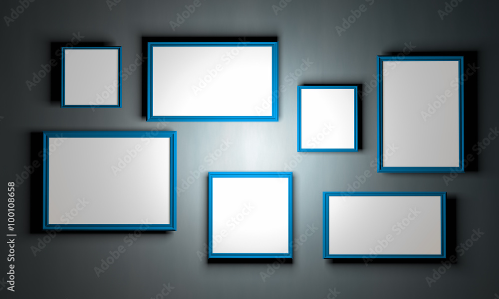 3D blue frames on concrete wall 3D blue frames on concrete wall