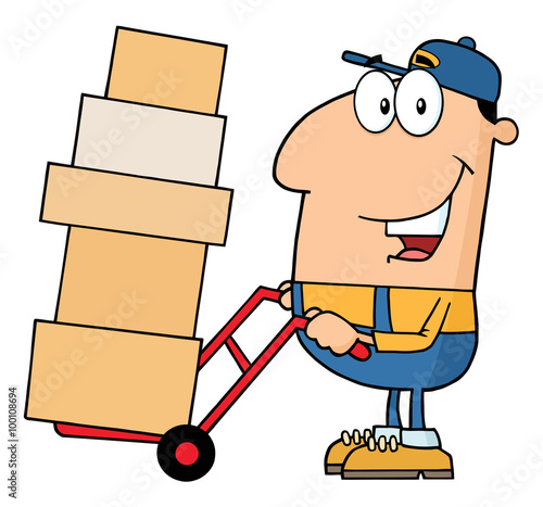 Delivery Man Cartoon Character Using A Dolly To Move Boxes