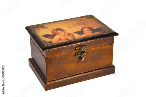 Beautiful brown wooden box with two angels