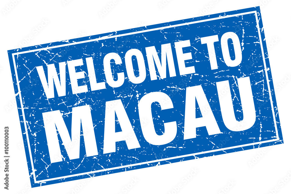 Macau blue square grunge welcome to stamp
