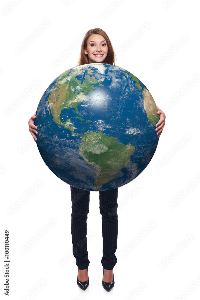 Woman in full length holding earth globe Woman in full length holding earth globe