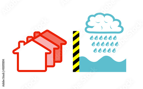 Flat vector image of a flood barrier holding back a rain cloud and water, protecting houses