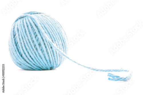 Blue fiber skein, crochet yarn roll isolated on white background