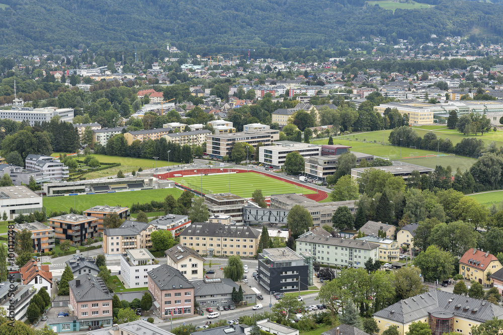 Salzburg suburb cityscape with sports complex