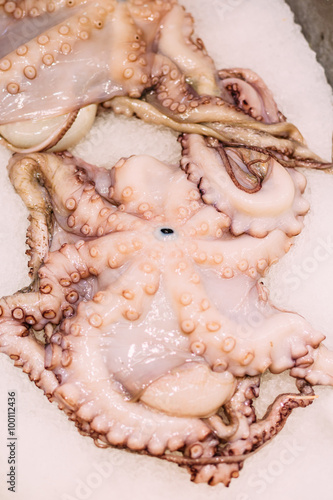 Fototapeta Naklejka Na Ścianę i Meble -  Raw fresh octopus on ice in market store shop