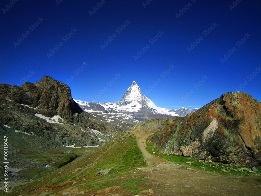 Zermatt green city in switzerland. Clear view of Matterhorn in s Zermatt green city in switzerland. Clear view of Matterhorn in s