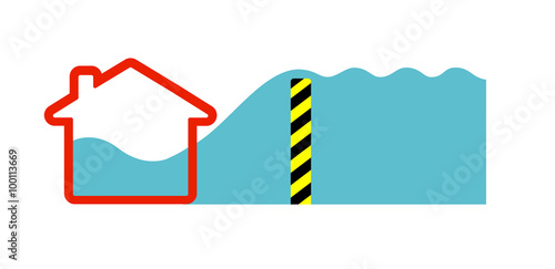 Flat vector image of water flowing over a flood barrier into a house