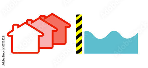 Flat vector image of a flood barrier protecting houses from water