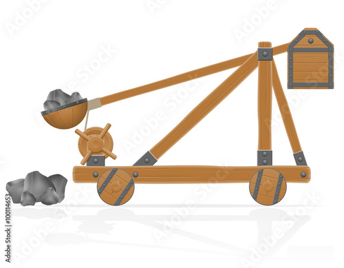 Fotografia old wooden catapult loaded stones vector illustration