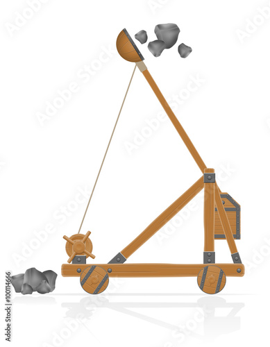 old wooden catapult shooting stones vector illustration