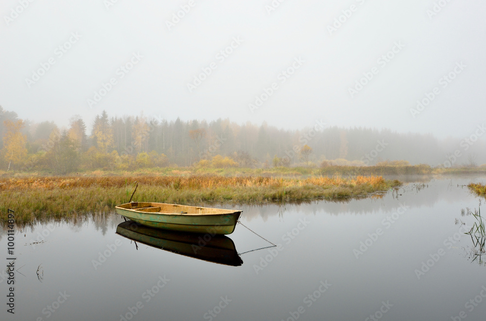 river and a boat scene during Fall season
