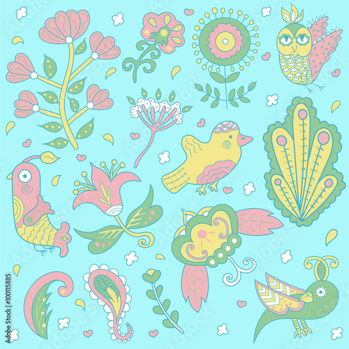 floral background pattern. beautiful cute birds. Doodle.