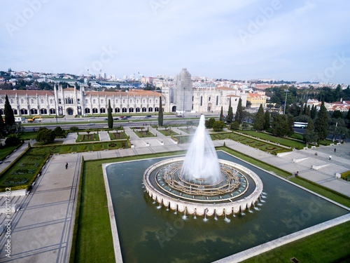 Fountain on Empire Square and Jeronimos Monastery, Lisbon, Portugal